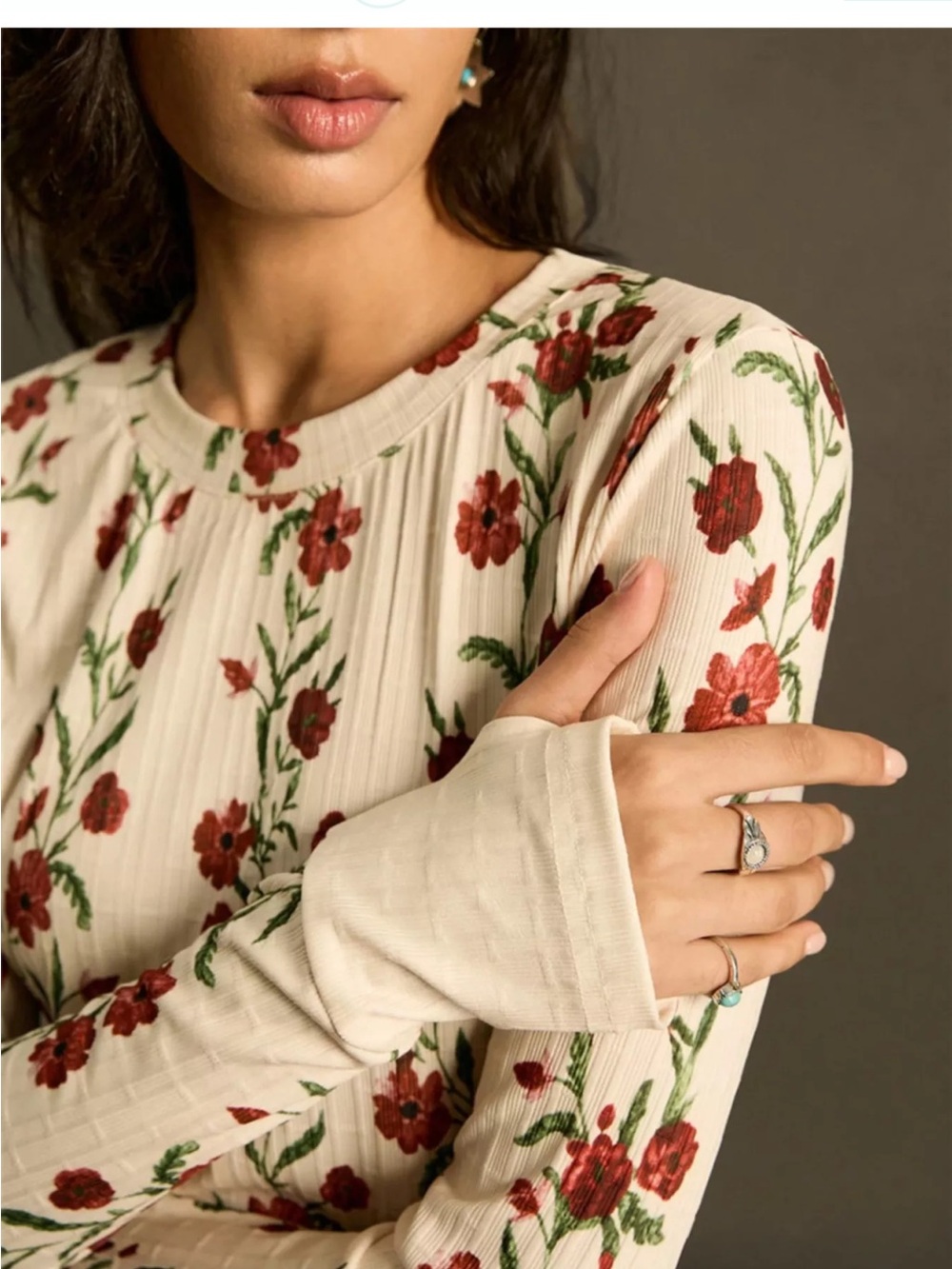 Floral Long-Sleeve Ribbed Top - Cream with Red Floral - Picture 6 of 9